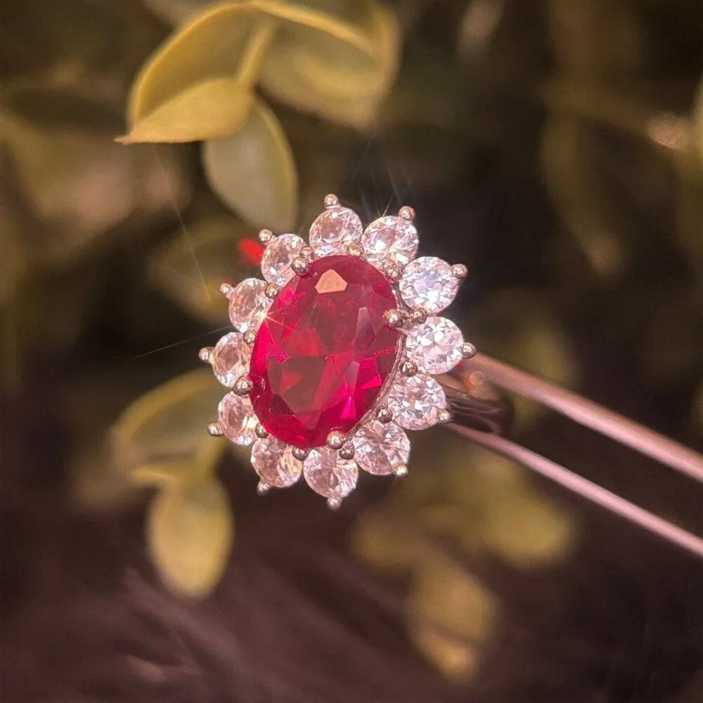 Sterling Silver Ruby/Cz Flower‎ Ring